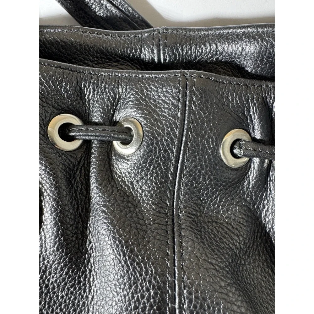 Adrienne Vittadini Black Genuine Leather Shoulder Bag Satchel Tote Silver Y2K